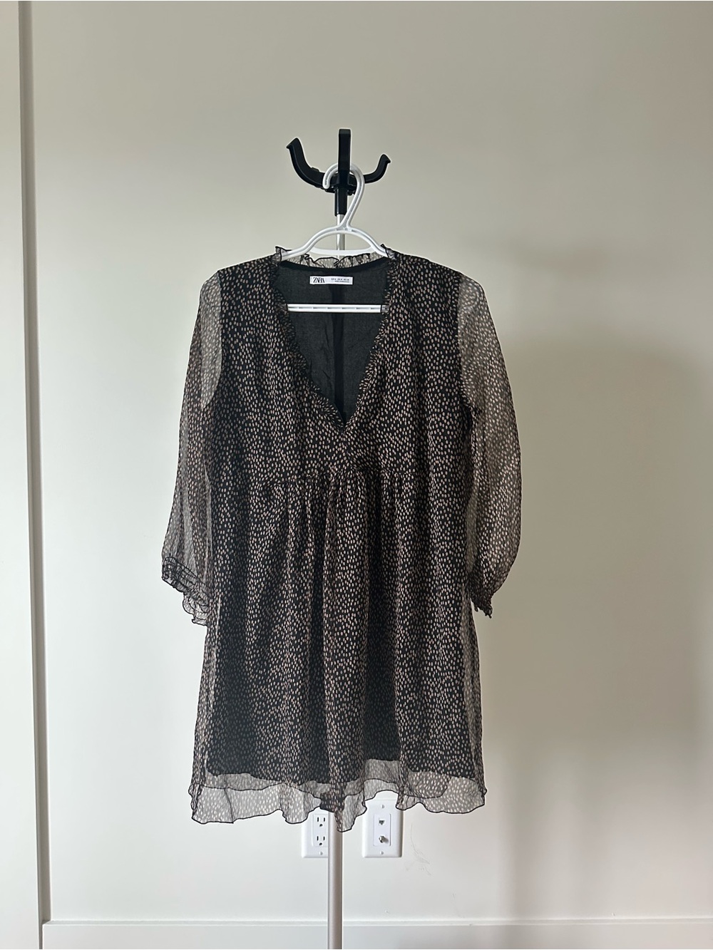 Zara Black & Brown Polka Dot Chiffon Mini Dress Size Medium